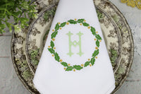 Set of 6 Monogrammed Christmas Napkins / Christmas Green Wreath