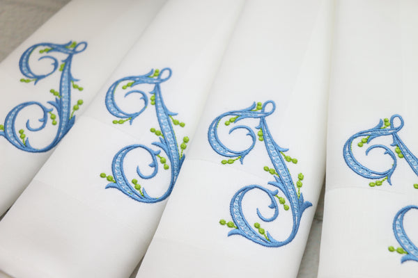 100% White Linen Napkins with Embroidered French Monogram with matt  Egyptian Thread