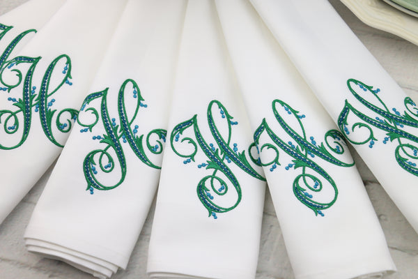 100% White Linen Napkins with Embroidered French Monogram with matt  Egyptian Thread